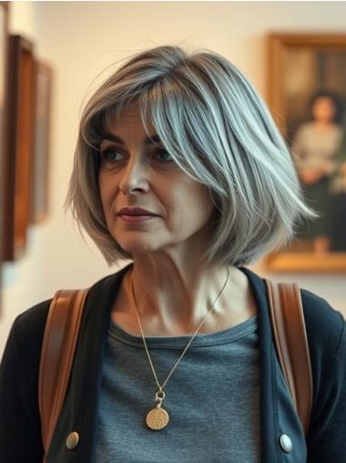 Silver Grey Wigs Bobs Lace Front Remy Human Hair 12" Straight Wigs