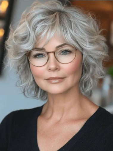 Silver Grey Wigs Bobs Monofilament Remy Human Hair 12" Wavy Wigs