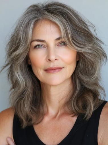 Wigs For Grey Hair Shoulder Length Remy Human Hair 14" Without Bangs Lace Front Wigs