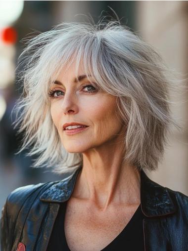 Wigs Grey Bobs 12" Monofilament Shoulder Length Synthetic Straight Wigs