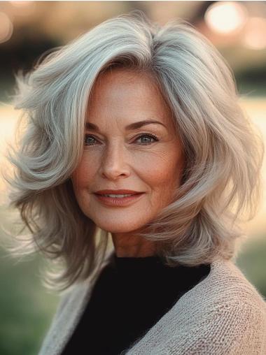 Wigs Grey Bobs 14" Monofilament Shoulder Length Remy Human Hair Straight Wigs