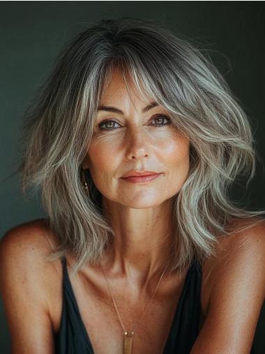 Wigs Grey Hair Straight Layered 14" Monofilament Shoulder Length Remy Human Hair Wigs