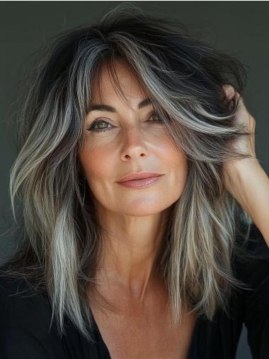 Long Grey Wigs 16" Layered Monofilament Straight Remy Human Hair Wigs