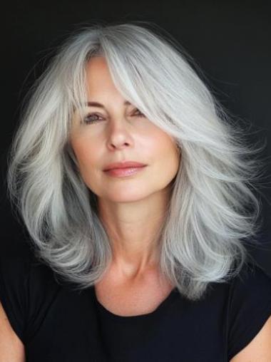 Real Hair Grey Wigs 16" Layered Monofilament Straight Long Wigs
