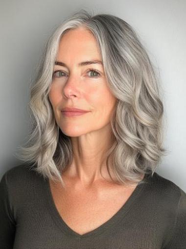Grey Lace Front Wig 14" Without Bangs Shoulder Length Synthetic Wavy Wigs