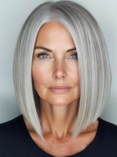 Grey Lace Front Wig 12" Bobs Shoulder Length Remy Human Hair Straight Wigs