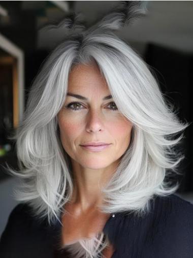 Medium Length Grey Wigs Monofilament Layered Straight Synthetic 14" Wigs
