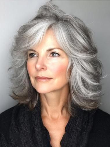Medium Length Grey Wigs Lace Front Layered Wavy Synthetic 12" Wigs