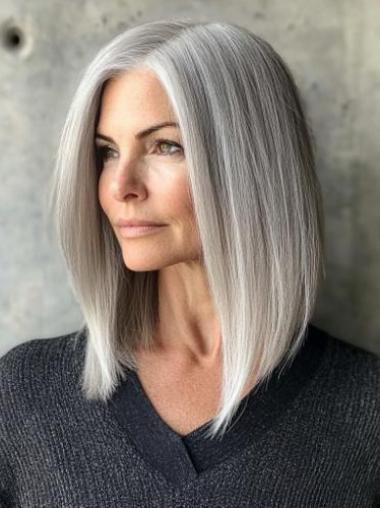 Ladies Grey Wigs Long Lace Front Without Bangs Straight 16" Synthetic Wigs