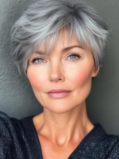 Short Grey Human Hair Wigs Straight 6" Boycuts Monofilament Wigs