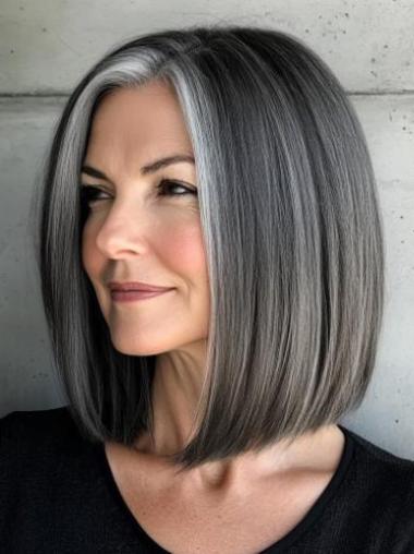 Real Hair Grey Wigs 12" Bobs Lace Front Straight Shoulder Length Wigs