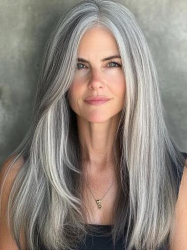 Real Hair Grey Wigs 20" Without Bangs Lace Front Straight Long Wigs