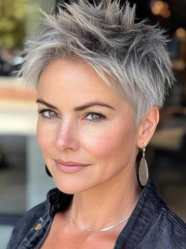 Short Grey Human Hair Wigs Straight 8" Boycuts Lace Front Wigs