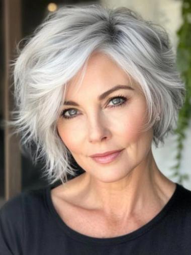 Grey Pixie Cut Wig 8" Straight Short Synthetic Bobs Monofilament Wigs