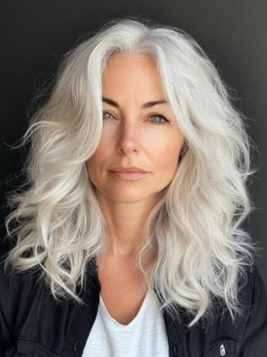 Ladies Grey Wigs Long Monofilament Without Bangs Wavy 16" Remy Human Hair Wigs