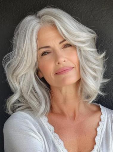 Medium Length Grey Wigs Lace Front Without Bangs Wavy Remy Human Hair 12" Wigs