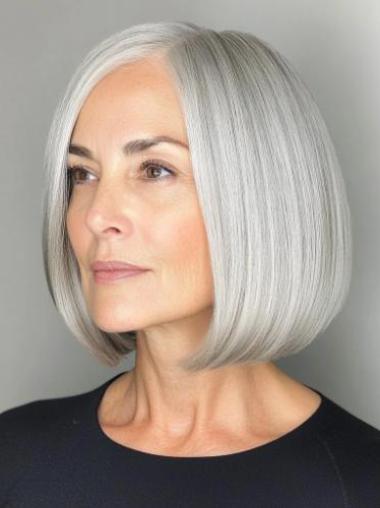 Grey Wig Bob Chin Length Synthetic 10" Monofilament Straight Wigs
