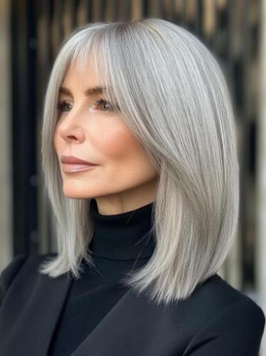 Medium Length Grey Wigs Monofilament Bobs Straight Remy Human Hair 14" Wigs