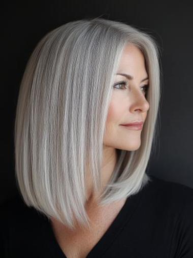 Human Grey Hair Wigs 14" Straight Shoulder Length Without Bangs Lace Front Wigs