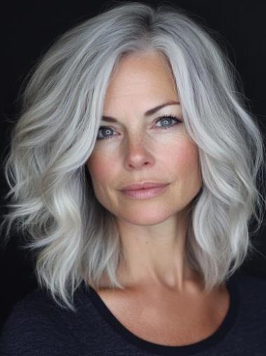 Human Grey Hair Wigs 12" Wavy Shoulder Length Without Bangs Monofilament Wigs