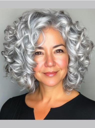 Curly Grey Wig 12" Bobs Lace Front Shoulder Length Synthetic Wigs