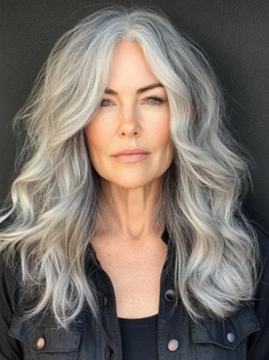 Human Grey Hair Wigs 18" Wavy Long Without Bangs Monofilament Wigs