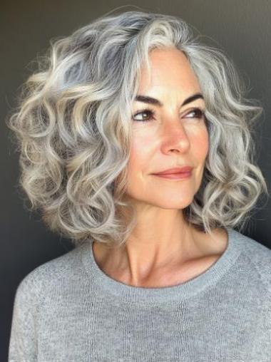 Curly Grey Wig 12" Bobs Lace Front Shoulder Length Remy Human Hair Wigs