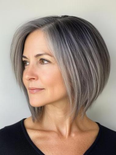Black And Grey Wig 12" Bobs Monofilament Shoulder Length Remy Human Hair Wigs
