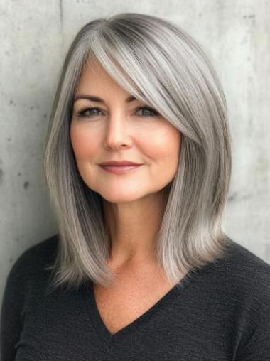 Grey Wigs Medium Length 14" Without Bangs Synthetic Monofilament Straight Wigs