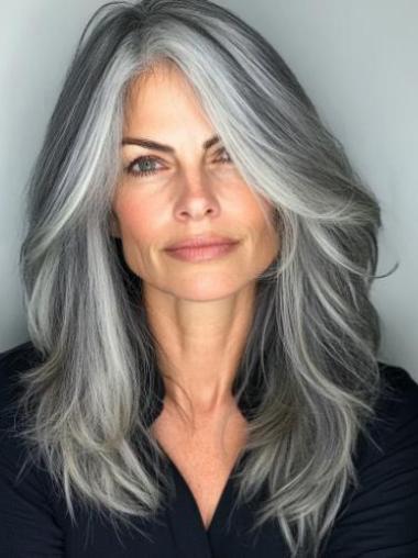 Black And Grey Wig 18" Layered Lace Front Long Remy Human Hair Wigs