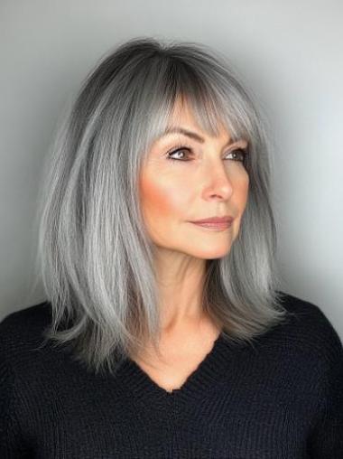 Grey Wig With Bangs 14" Remy Human Hair Lace Front Shoulder Length Straight Wigs