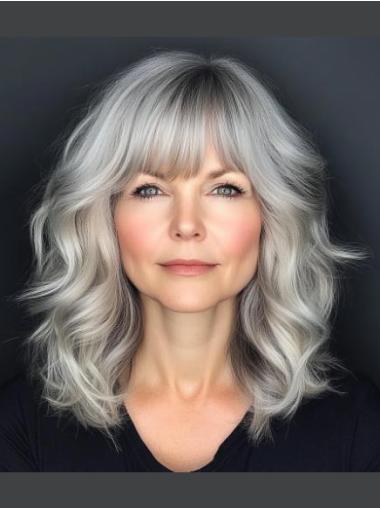 Grey Wig With Bangs 14" Remy Human Hair Lace Front Shoulder Length Wavy Wigs