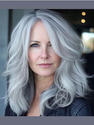 Grey Wigs For Elderly Ladies Monofilament Wavy Layered 16" Long Wigs