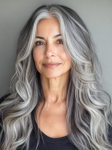 Grey Wigs For Elderly Ladies Lace Front Wavy Without Bangs 22" Long Wigs