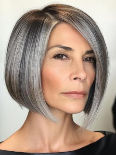 Black And Grey Wig 10" Bobs Monofilament Chin Length Synthetic Wigs