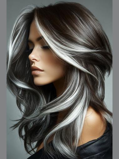 Grey Wigs For Elderly Ladies Lace Front Straight Layered 18" Long Wigs