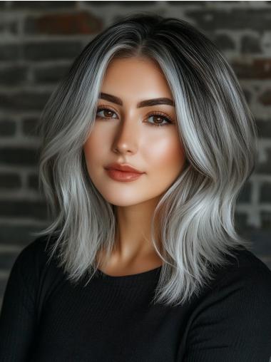 Human Grey Hair Wigs 16" Straight Long Without Bangs Lace Front Wigs