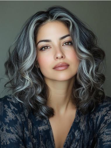 Grey Wigs For Elderly Ladies Monofilament Wavy Without Bangs 16" Long Wigs