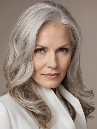 Human Hair Grey Wig Long Lace Front Straight Without Bangs 18" Wigs