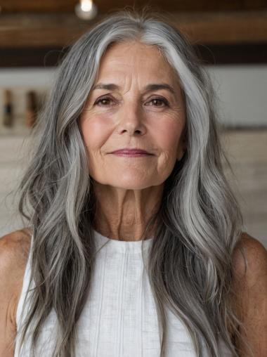 Human Hair Grey Wig Long Monofilament Straight Without Bangs 20" Wigs