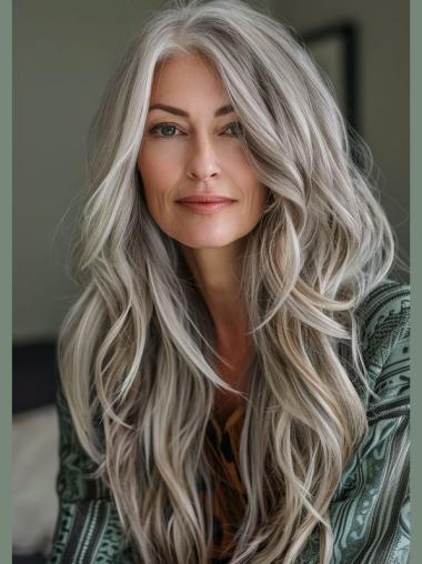 Womens Grey Wigs Layered Monofilament Long Synthetic 24" Wigs