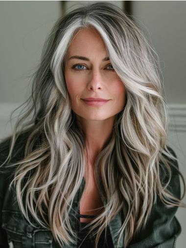 Human Hair Grey Wig Long Lace Front Straight Without Bangs 22" Wigs