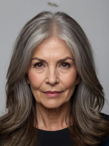Grey Wigs Medium Length 14" Without Bangs Remy Human Hair Lace Front Straight Wigs