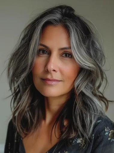 Human Hair Grey Wig Long Lace Front Wavy Layered 16" Wigs