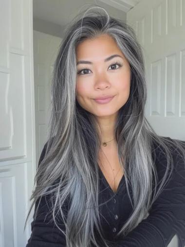 Human Hair Grey Wig Long Monofilament Straight Without Bangs 24" Wigs