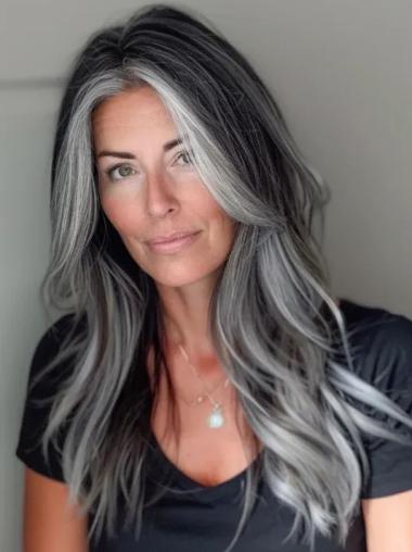 Womens Grey Wigs Without Bangs Lace Front Long Synthetic 22" Wigs