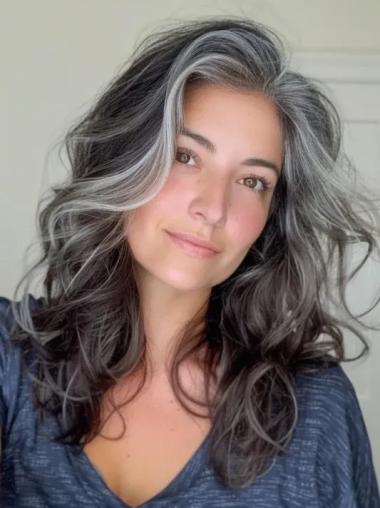 Grey Long Wigs 18" Without Bangs Monofilament Remy Human Hair Wavy Wigs