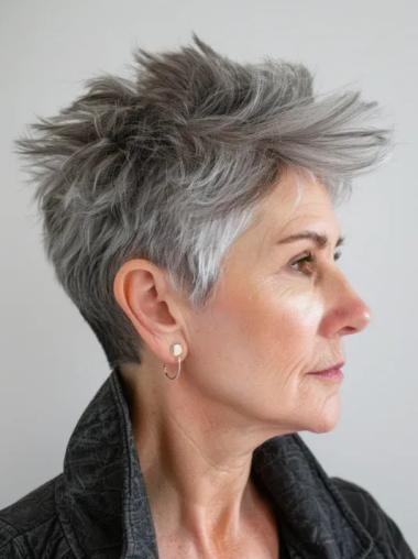 Grey Pixie Cut Wig 6" Straight Short Synthetic Boycuts Monofilament Wigs