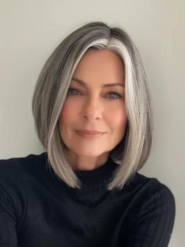Grey Haired Wigs Straight Bobs Shoulder Length Monofilament 12" Wigs