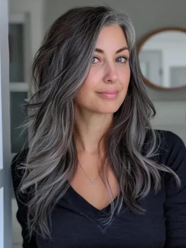Grey Long Wigs 20" Without Bangs Lace Front Synthetic Straight Wigs